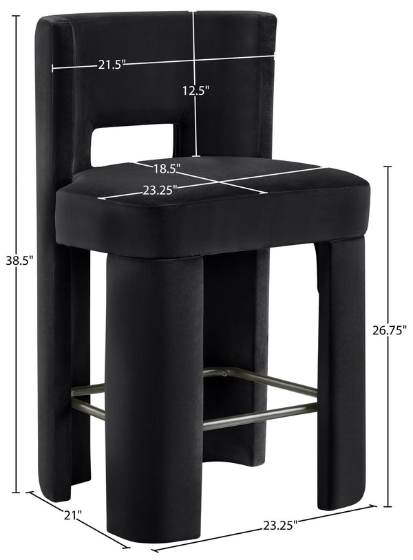 Meridian Furniture Zuno Velvet Upholstered Counter Stool with Solid Wood Frame and Matte Black Footrest for Kitchens Black 947Black-C