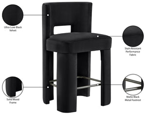 Meridian Furniture Zuno Velvet Upholstered Counter Stool with Solid Wood Frame and Matte Black Footrest for Kitchens Black 947Black-C