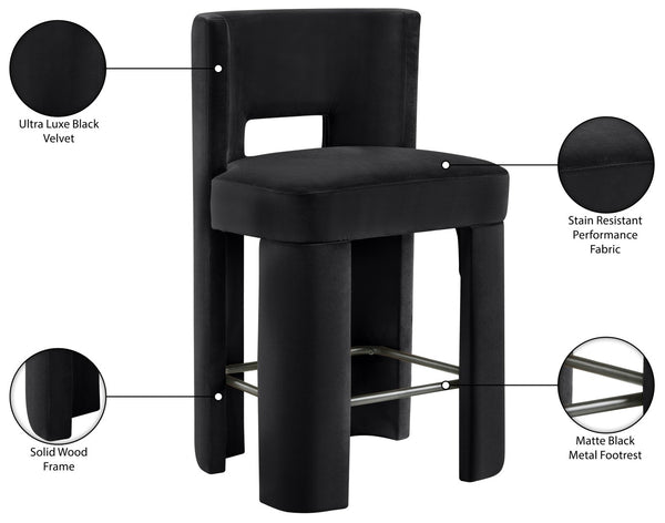 Meridian Furniture Zuno Velvet Upholstered Counter Stool with Solid Wood Frame and Matte Black Footrest for Kitchens Black 947Black-C