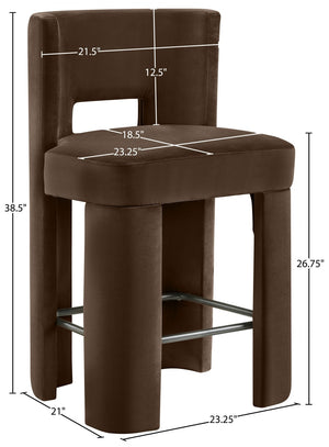 Meridian Furniture Zuno Velvet Upholstered Counter Stool with Solid Wood Frame and Matte Black Footrest for Kitchens Brown 947Brown-C