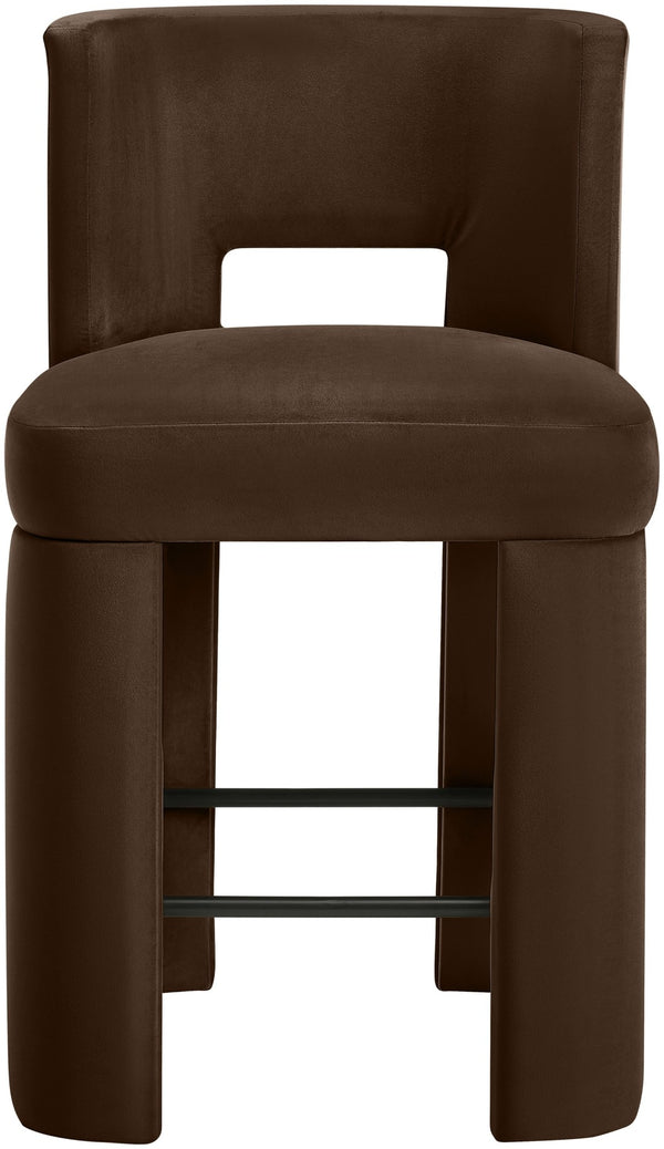 Meridian Furniture Zuno Velvet Upholstered Counter Stool with Solid Wood Frame and Matte Black Footrest for Kitchens Brown 947Brown-C