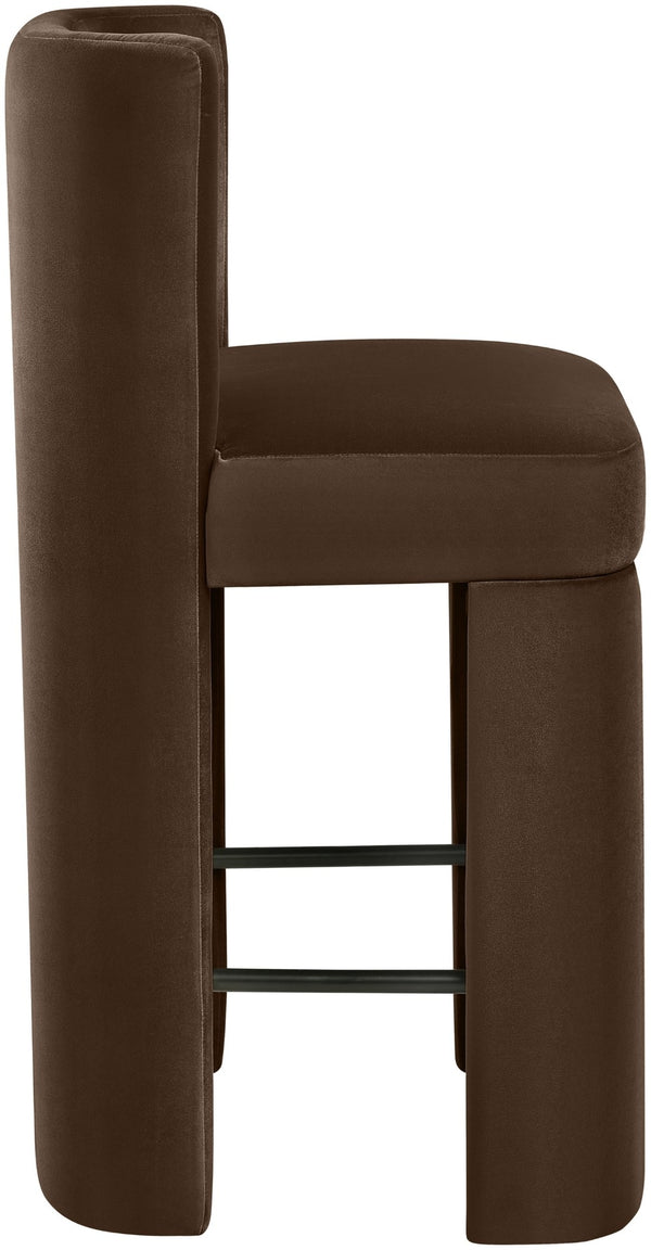Meridian Furniture Zuno Velvet Upholstered Counter Stool with Solid Wood Frame and Matte Black Footrest for Kitchens Brown 947Brown-C