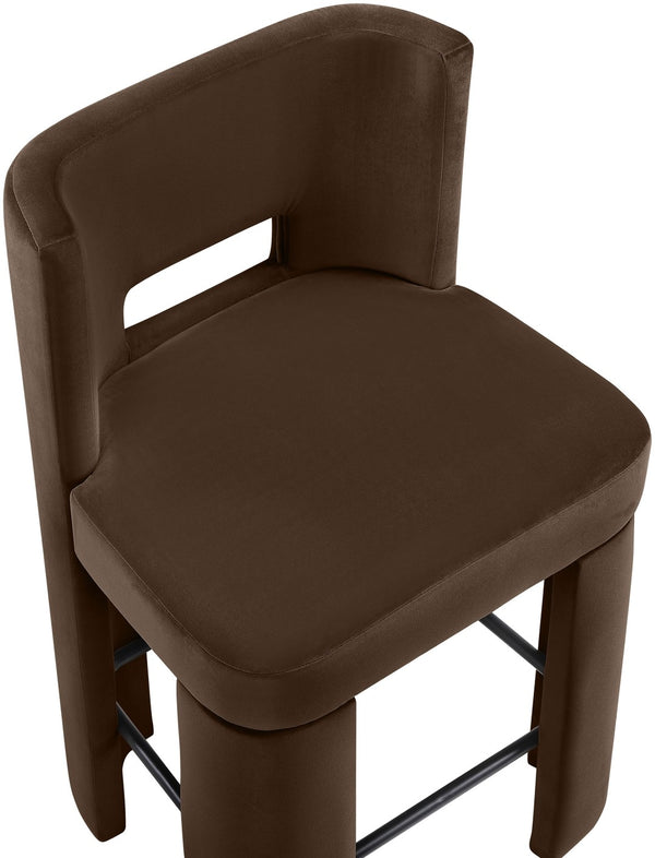 Meridian Furniture Zuno Velvet Upholstered Counter Stool with Solid Wood Frame and Matte Black Footrest for Kitchens Brown 947Brown-C