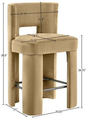 Meridian Furniture Zuno Velvet Upholstered Counter Stool with Solid Wood Frame and Matte Black Footrest for Kitchens Camel 947Camel-C