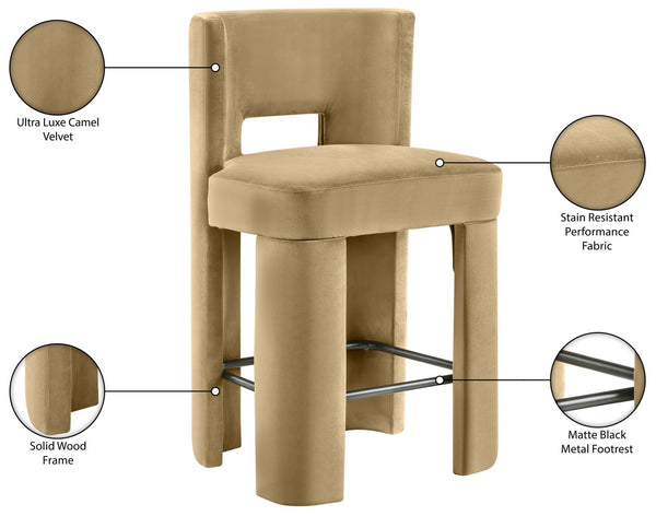 Meridian Furniture Zuno Velvet Upholstered Counter Stool with Solid Wood Frame and Matte Black Footrest for Kitchens Camel 947Camel-C