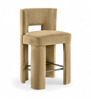 Meridian Furniture Zuno Velvet Upholstered Counter Stool with Solid Wood Frame and Matte Black Footrest for Kitchens Camel 947Camel-C