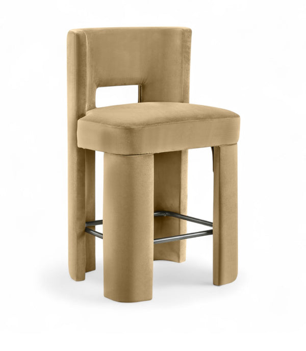 Meridian Furniture Zuno Velvet Upholstered Counter Stool with Solid Wood Frame and Matte Black Footrest for Kitchens Camel 947Camel-C