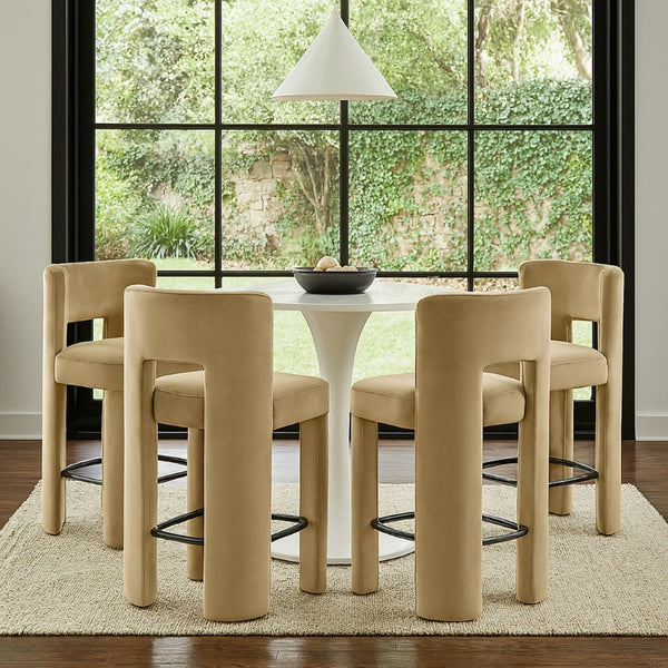 Meridian Furniture Zuno Velvet Upholstered Counter Stool with Solid Wood Frame and Matte Black Footrest for Kitchens Camel 947Camel-C