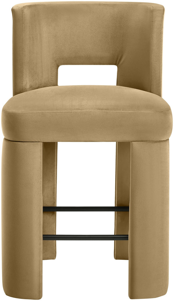 Meridian Furniture Zuno Velvet Upholstered Counter Stool with Solid Wood Frame and Matte Black Footrest for Kitchens Camel 947Camel-C