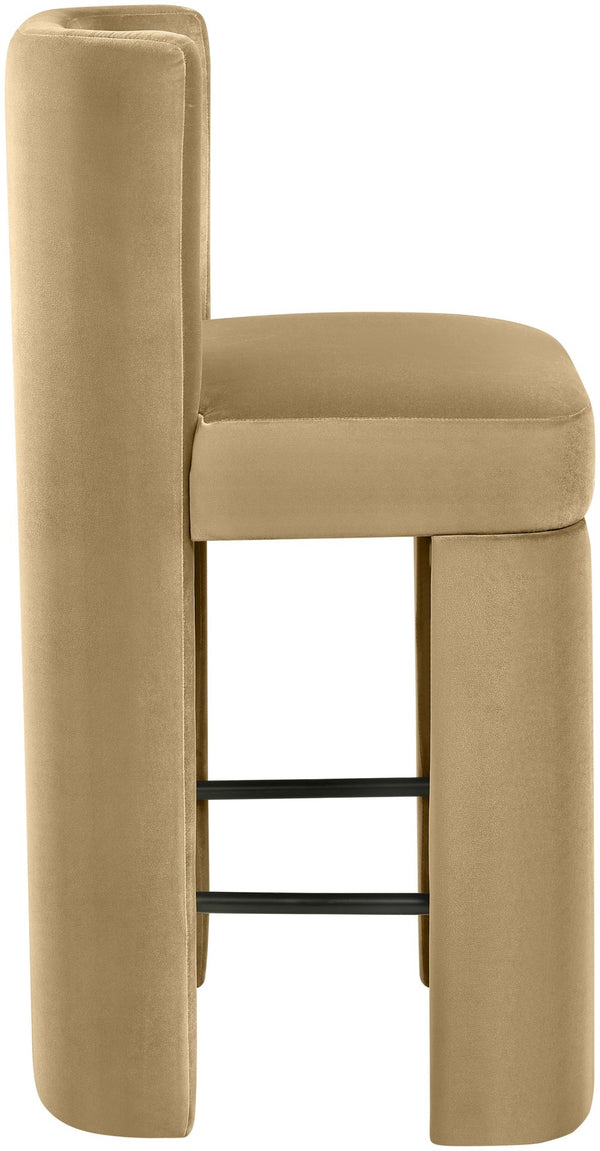 Meridian Furniture Zuno Velvet Upholstered Counter Stool with Solid Wood Frame and Matte Black Footrest for Kitchens Camel 947Camel-C