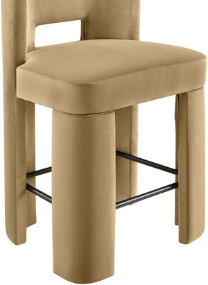 Meridian Furniture Zuno Velvet Upholstered Counter Stool with Solid Wood Frame and Matte Black Footrest for Kitchens Camel 947Camel-C