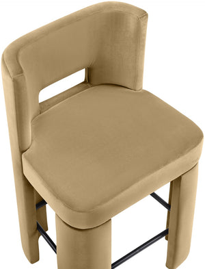 Meridian Furniture Zuno Velvet Upholstered Counter Stool with Solid Wood Frame and Matte Black Footrest for Kitchens Camel 947Camel-C