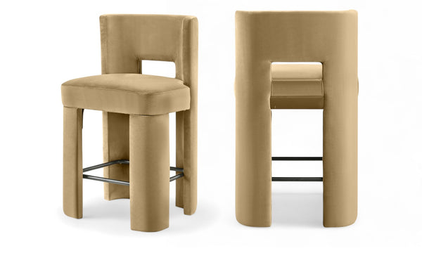 Meridian Furniture Zuno Velvet Upholstered Counter Stool with Solid Wood Frame and Matte Black Footrest for Kitchens Camel 947Camel-C
