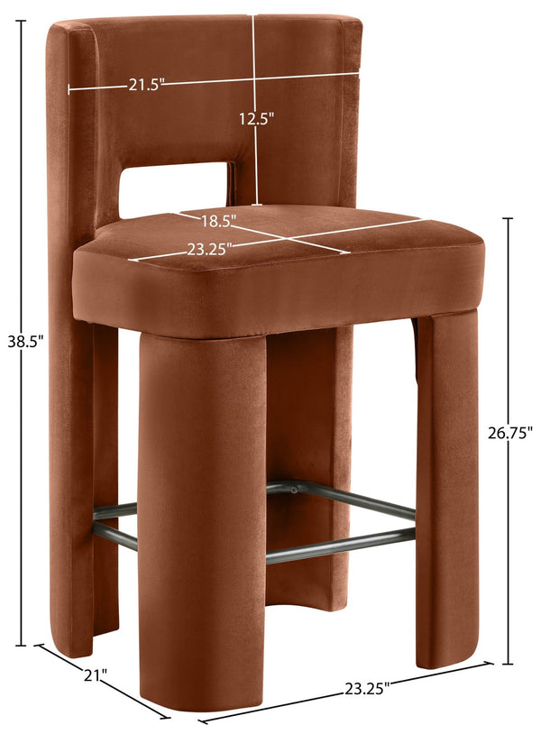 Meridian Furniture Zuno Velvet Upholstered Counter Stool with Solid Wood Frame and Matte Black Footrest for Kitchens Cognac 947Cognac-C