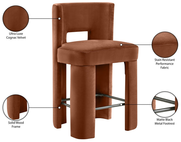 Meridian Furniture Zuno Velvet Upholstered Counter Stool with Solid Wood Frame and Matte Black Footrest for Kitchens Cognac 947Cognac-C