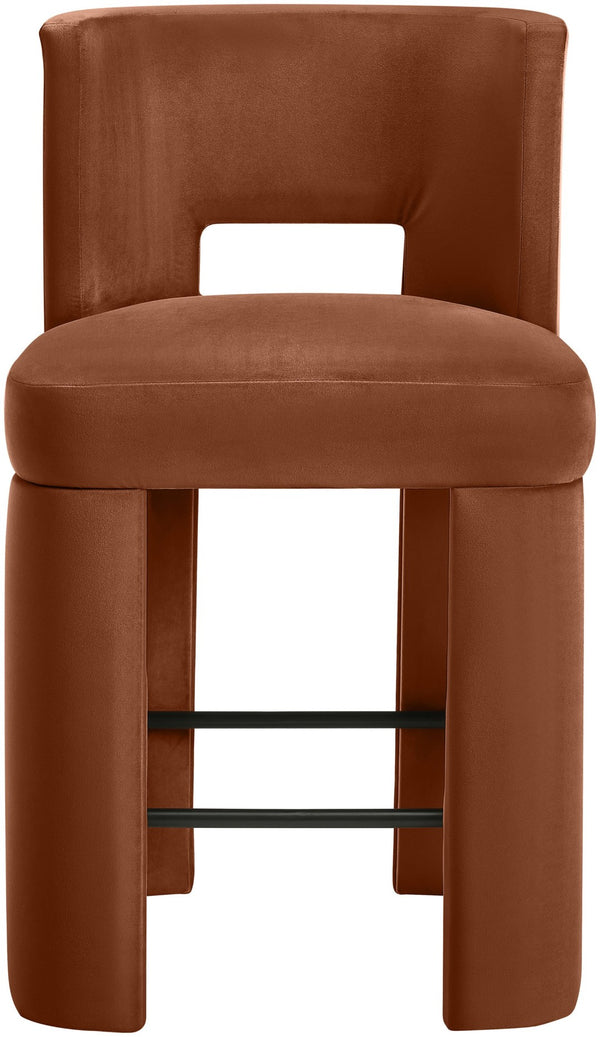 Meridian Furniture Zuno Velvet Upholstered Counter Stool with Solid Wood Frame and Matte Black Footrest for Kitchens Cognac 947Cognac-C