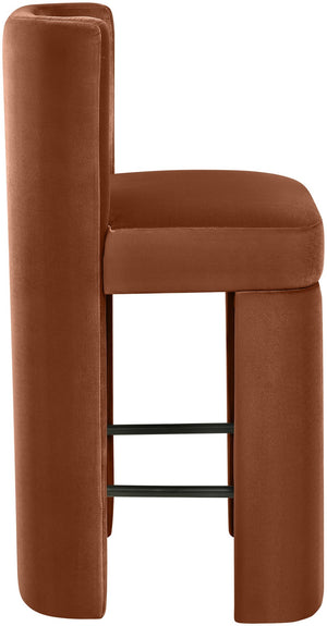 Meridian Furniture Zuno Velvet Upholstered Counter Stool with Solid Wood Frame and Matte Black Footrest for Kitchens Cognac 947Cognac-C