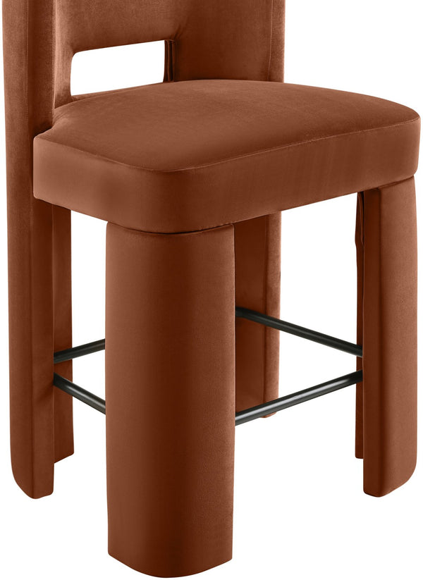 Meridian Furniture Zuno Velvet Upholstered Counter Stool with Solid Wood Frame and Matte Black Footrest for Kitchens Cognac 947Cognac-C