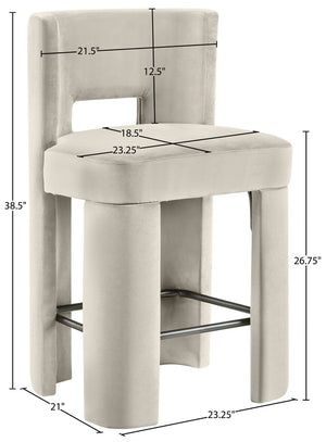 Meridian Furniture Zuno Velvet Upholstered Counter Stool with Solid Wood Frame and Matte Black Footrest for Kitchens Cream 947Cream-C