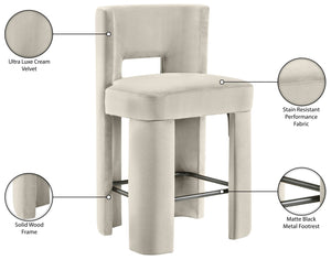 Meridian Furniture Zuno Velvet Upholstered Counter Stool with Solid Wood Frame and Matte Black Footrest for Kitchens Cream 947Cream-C