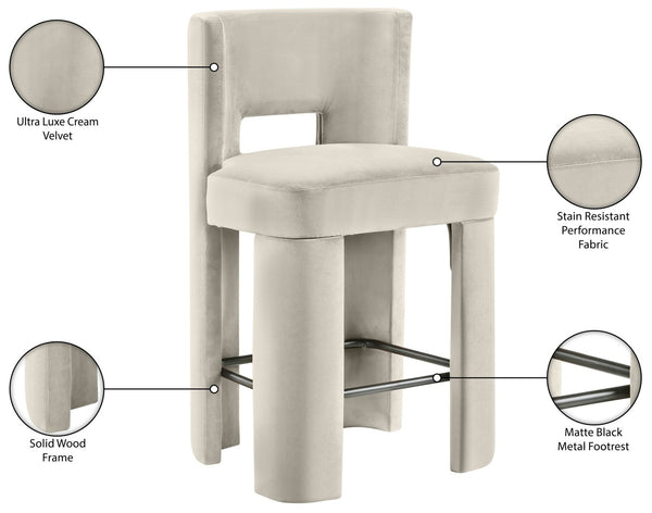 Meridian Furniture Zuno Velvet Upholstered Counter Stool with Solid Wood Frame and Matte Black Footrest for Kitchens Cream 947Cream-C