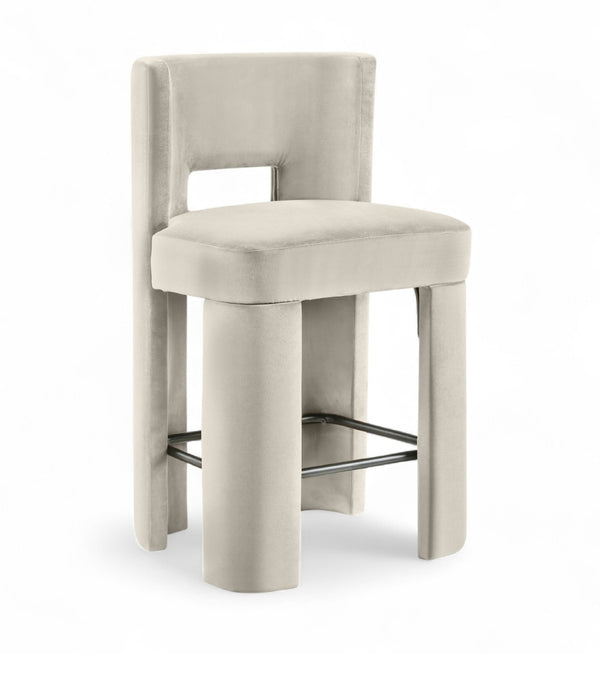 Meridian Furniture Zuno Velvet Upholstered Counter Stool with Solid Wood Frame and Matte Black Footrest for Kitchens Cream 947Cream-C