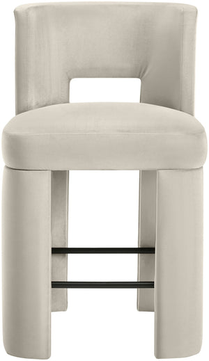 Meridian Furniture Zuno Velvet Upholstered Counter Stool with Solid Wood Frame and Matte Black Footrest for Kitchens Cream 947Cream-C