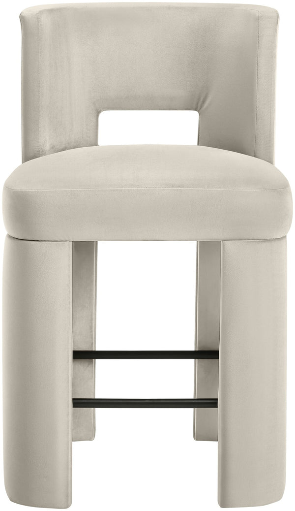 Meridian Furniture Zuno Velvet Upholstered Counter Stool with Solid Wood Frame and Matte Black Footrest for Kitchens Cream 947Cream-C