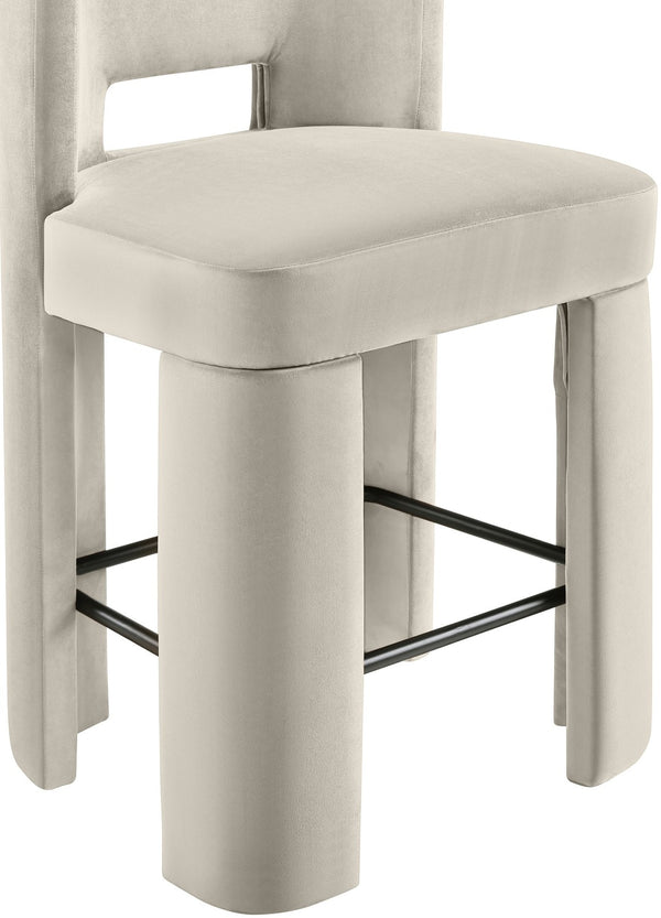 Meridian Furniture Zuno Velvet Upholstered Counter Stool with Solid Wood Frame and Matte Black Footrest for Kitchens Cream 947Cream-C