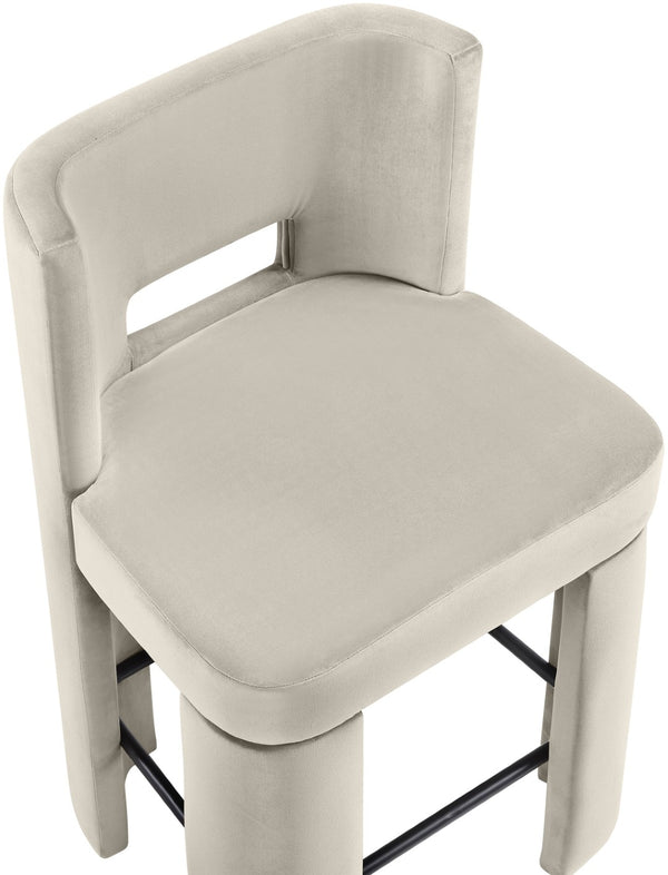 Meridian Furniture Zuno Velvet Upholstered Counter Stool with Solid Wood Frame and Matte Black Footrest for Kitchens Cream 947Cream-C