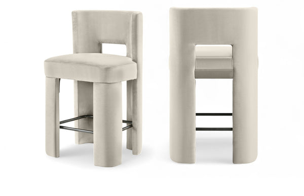 Meridian Furniture Zuno Velvet Upholstered Counter Stool with Solid Wood Frame and Matte Black Footrest for Kitchens Cream 947Cream-C