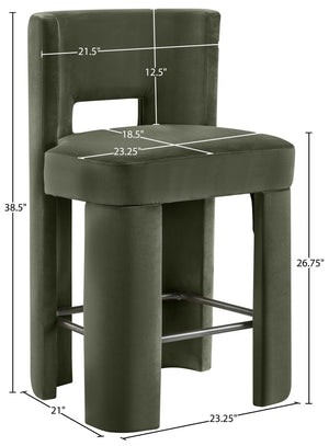 Meridian Furniture Zuno Velvet Upholstered Counter Stool with Solid Wood Frame and Matte Black Footrest for Kitchens Green 947Green-C