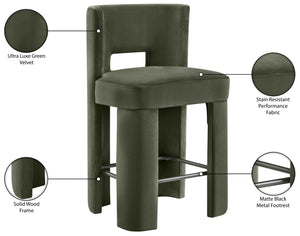 Meridian Furniture Zuno Velvet Upholstered Counter Stool with Solid Wood Frame and Matte Black Footrest for Kitchens Green 947Green-C