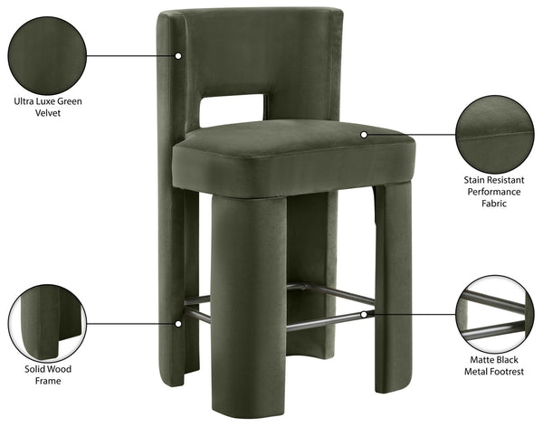 Meridian Furniture Zuno Velvet Upholstered Counter Stool with Solid Wood Frame and Matte Black Footrest for Kitchens Green 947Green-C