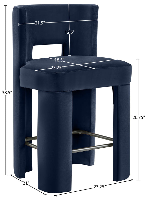 Meridian Furniture Zuno Velvet Upholstered Counter Stool with Solid Wood Frame and Matte Black Footrest for Kitchens Navy 947Navy-C