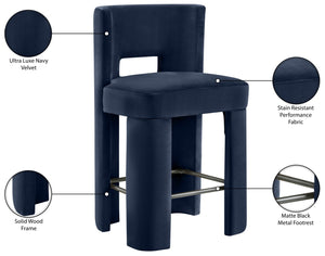 Meridian Furniture Zuno Velvet Upholstered Counter Stool with Solid Wood Frame and Matte Black Footrest for Kitchens Navy 947Navy-C