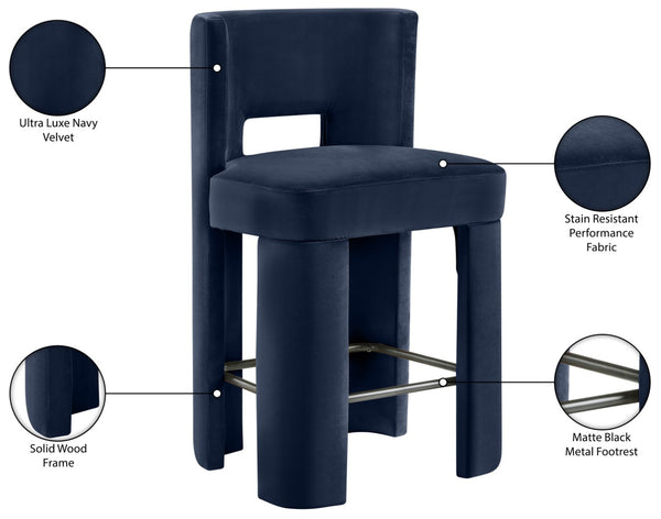 Meridian Furniture Zuno Velvet Upholstered Counter Stool with Solid Wood Frame and Matte Black Footrest for Kitchens Navy 947Navy-C
