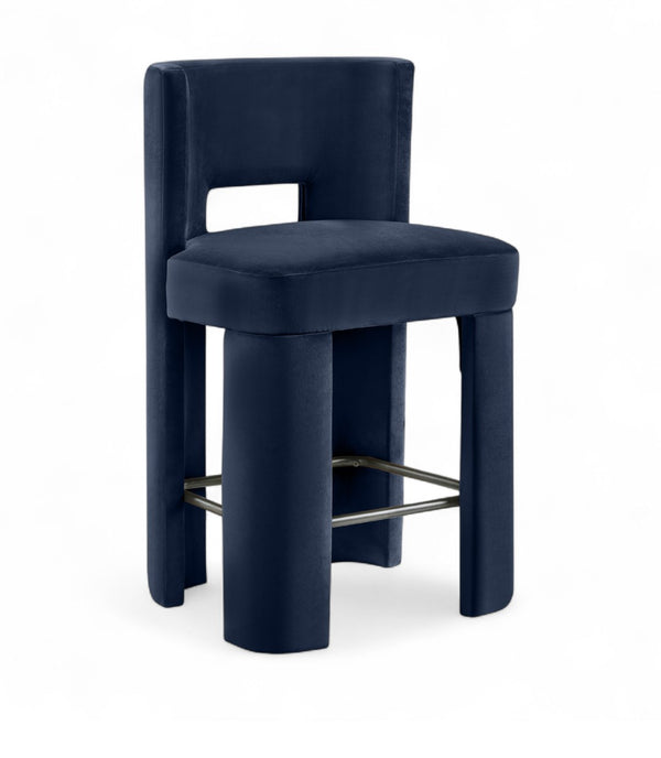 Meridian Furniture Zuno Velvet Upholstered Counter Stool with Solid Wood Frame and Matte Black Footrest for Kitchens Navy 947Navy-C