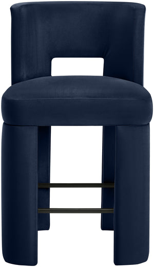 Meridian Furniture Zuno Velvet Upholstered Counter Stool with Solid Wood Frame and Matte Black Footrest for Kitchens Navy 947Navy-C