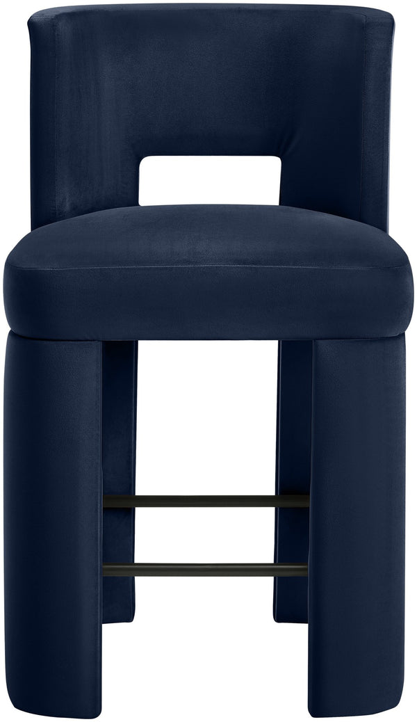Meridian Furniture Zuno Velvet Upholstered Counter Stool with Solid Wood Frame and Matte Black Footrest for Kitchens Navy 947Navy-C