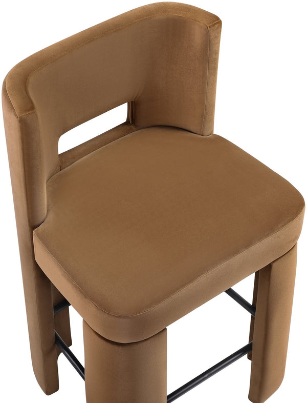 Meridian Furniture Zuno Velvet Upholstered Counter Stool with Solid Wood Frame and Matte Black Footrest for Kitchens Saddle 947Saddle-C