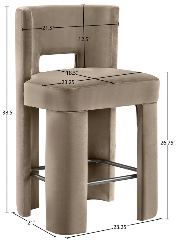 Meridian Furniture Zuno Velvet Upholstered Counter Stool with Solid Wood Frame and Matte Black Footrest for Kitchens Taupe 947Taupe-C