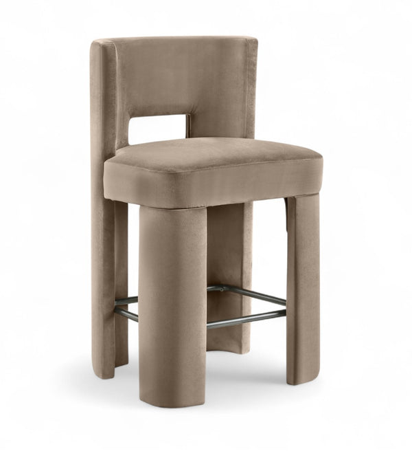 Meridian Furniture Zuno Velvet Upholstered Counter Stool with Solid Wood Frame and Matte Black Footrest for Kitchens Taupe 947Taupe-C