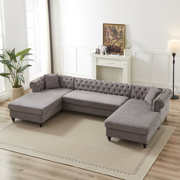 English Elm 135.5-inch Modern Chenille U-Shaped Sectional Sofa with Dual Chaise, Pull-Point Detail, Pillows, Wooden Legs Grey W1926S00047