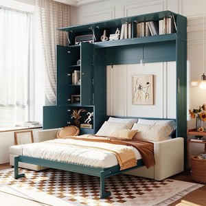 English Elm Queen Murphy Bed with L-shaped Velvet Sofa Storage Cabinets for Studio Living Green LP000765AAA-1