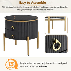 English Elm Φ19.6'' Easy Assembly Round End Table With Storage Drawers, Fluted Nightstand With High Gloss Faux Marble Tabletop, Modern Coffee Table With Metal Legs and Handles For Living Room, Black