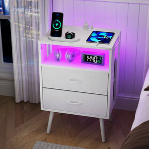 English Elm 2 Pack Modern Nightstand With Charging Station & Led Light - Stylish Fabric Drawers For Storage W1550P272169