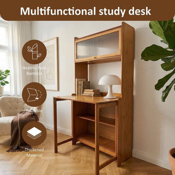 English Elm Multi Purpose Solid Bamboo Folding Desk Compact Writing Table for Home Office or Bedroom W2641P454912