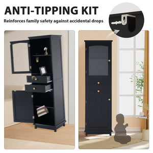 English Elm 63" Tall Bathroom Vanity Cabinet with Glass Doors, Two Drawers and Adjustable Shelves for Stylish Storage Black N729P171305B