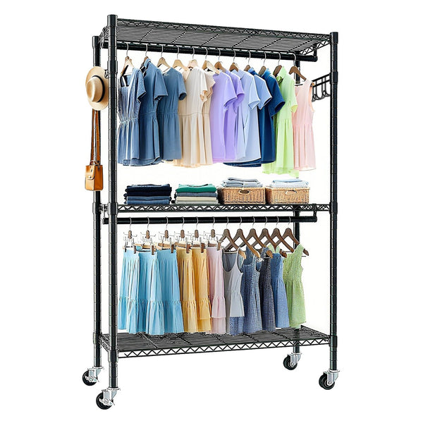 English Elm Rolling Clothes Rack – Heavy-Duty 3-Tier Adjustable Wire Shelving with Dual Rails, Side Hooks, Wheels W3204P318298